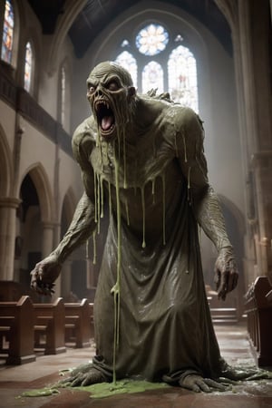 Award winning photography, masterpiece. A dirty garbage monster is dripping slime through church. Flies are all around him.  Dynamic action shot. The scene has a mystical and ethereal feel. 

Wrinkles, pores, extreme skin detail. 
Highly detailed, absurdres, sharp focus, volumetric lighting, 