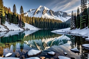 photo 
Snow-capped Mountain Scene, with soaring peaks and deep shadows across the ravines. A crystal clear lake mirrors these peaks, surrounded by pine trees. The scene exudes a calm, serene alpine morning atmosphere.
