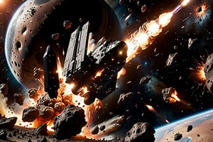 photo 
Epic Cinematic Still of a Spacecraft, silhouetted against the fiery explosion of a distant planet. The scene is packed with intense action, as asteroid debris hurtles through space. Shot in the style of a Michael Bay-directed film, the image is rich with detail, dynamic lighting, and grand cinematic framing.