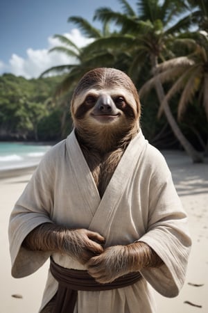 Award winning photography, Raw photo, masterpiece, realistic photo of a Jedi sloth-human hybrid on a tropical beach.  He is holding a lightsber, ready for action. The scene has a mystical and ethereal feel. 

Wrinkles, pores, extreme skin detail. 
Highly detailed, absurdres, sharp focus, volumetric lighting, 
