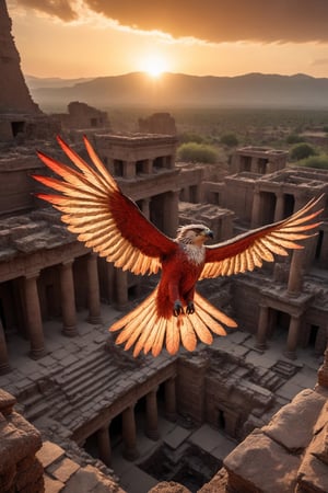 Award winning photography, Raw photo, masterpiece, realistic photo of mythical thunderbird flying above ancient ruins at sunset. Electrical energy surrounds. Vibrant, ethereal, magical. 

Golden hour lighting. Wrinkles, pores, extreme skin detail. 
Highly detailed, absurd red, sharp focus, volumetric lighting, 