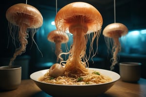 a photo of sentient jellyfish mushroom hybrids eating ramen. 

intricate, volumetric lighting, night in space, magical, fantastical, cinematic