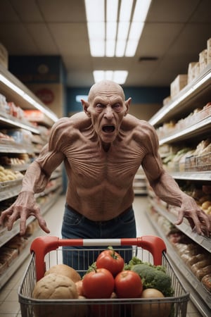 Award winning photography, masterpiece. A cosmic horror is grocery shopping in a small town store. Dynamic action shot. The scene has a mystical and ethereal feel. 

Wrinkles, pores, extreme skin detail. 
Highly detailed, absurdres, sharp focus, volumetric lighting, 