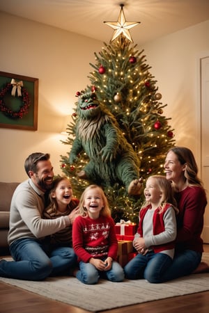 Award winning photography, Raw photo, masterpiece, realistic photo of A family of four sits around a lit (Christmas tree monster:1.4),  smiling and laughing. realistic,  best quality

The scene has a mystical and ethereal feel. Wrinkles, pores, extreme skin detail. Highly detailed, absurdres, sharp focus, volumetric lighting,