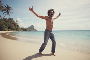 Happy man dancing on a beach on a tropical island