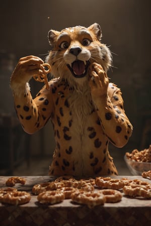 RAW photo,
Chester Cheetah drowning his sorrows in pretzels.

absurdres, masterpiece, award-winning photography, Volumetric lighting, extremely detailed, highest quality photo, RAW photo, 16k resolution, Fujifilm XT3, sharp focus, realistic texture
