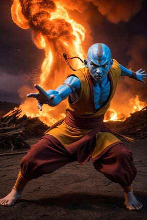 Award winning photography, Raw photo, masterpiece, realistic photo of Avatar Aang airbending to defeat a massive fire tornado in an island village at night. Dynamic action shot. The scene has a mystical and ethereal feel. 

Wrinkles, pores, extreme skin detail. 
Highly detailed, absurdres, sharp focus, volumetric lighting, 