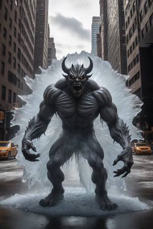 Award winning photography, Raw photo, masterpiece, realistic photo of a smoldering ice demon entering Manhattan through a vortex portal.  The scene has a mystical and ethereal feel. 

Wrinkles, pores, extreme skin detail. 
Highly detailed, absurdres, sharp focus, volumetric lighting, 