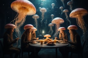 a photo of sentient jellyfish mushroom hybrids eating a breakfast consisting of humans.

intricate, volumetric lighting, night in space, magical, fantastical, cinematic