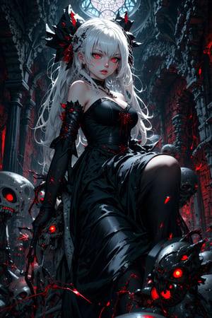 masterpiece, best quality, ultra detailed, intricate details, cute, black dress, white hair, 1girl,spider girl,arachnid features,web hair,glowing red eyes,(multiple eyes:1.1),colored sclera,sharp fangs,pale skin,black chitinous skin,dark chitinous exoskeleton,humanoid body,(spider legs:1.1),curvy ,compound eyes,crossed legs,web spinnerets,eerie atmosphere,Catacomb,skulls,cave,concept art,anime style