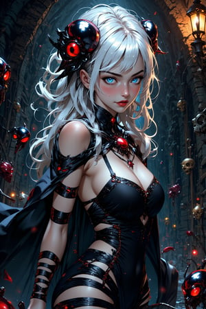 masterpiece, best quality, ultra detailed, intricate details, cute, black dress, dynamic pose, white hair, 1girl,spider girl,arachnid features,web hair,glowing red eyes,(multiple eyes:1.1),colored sclera,sharp fangs,pale skin,black chitinous skin,dark chitinous exoskeleton,humanoid body,(spider legs:1.1),curvy ,compound eyes,crossed legs,web spinnerets,eerie atmosphere,Catacomb,skulls,cave,concept art,anime style