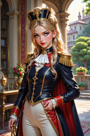 masterpiece, best quality, ultra detailed, intricate details, cute, 1girl, French Napoleonic soldier costume, fine art parody, blonde hair, blue eyes, oil painting style, masterpiece quality, looking at viewer, smiling, upper body, palace's garden in background, close up, stunning image, light particles.