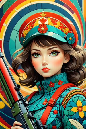 masterpiece, long shot fusion realism, abstract style and psychodelic. Mate colorful palette, wallpaper, Intricate geometry ornament in zentangle style. cute Stunning russian girl in war hold svd sniper rifle, soviet military uniform, beautiful facial features, augmentation focus, high aesthetic, truly artwork, detailed abstract background, art nouveau,more detail XL,ArtDecoXL