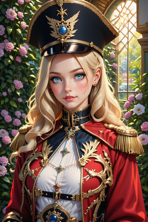  masterpiece, best quality, ultra detailed, intricate details, cute, 1girl, French Napoleonic soldier costume, fine art parody, blonde hair, hat, blue eyes, oil painting style, masterpiece quality, looking at viewer, smiling, upper body, palace's garden in background, close up, stunning image, light particles.