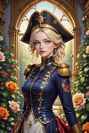  masterpiece, best quality, ultra detailed, intricate details, cute, 1girl, French Napoleonic soldier costume, fine art parody, blonde hair, hat, blue eyes, oil painting style, masterpiece quality, looking at viewer, smiling, upper body, palace's garden in background, close up, stunning image, light particles.