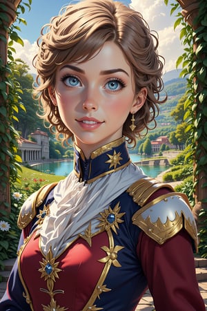  masterpiece, best quality, ultra detailed, intricate details, cute, 1girl, French Napoleonic soldier costume, fine art parody, blue eyes, oil painting style, masterpiece quality, looking at viewer, smiling, upper body, palace's garden in background, close up, stunning image, light particles.