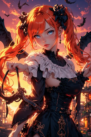 (best quality),(masterpiece),(ultra detailed),(highres), (Dynamic angle: 0.8), orange hair, wave hair, twin tails, long hair, bat skirt, gothic skirt, Frill, wing decoration, Halloween, ((a pumpkin lantern)), sugar-sweet, The sky of orange and purple gradation, Magic,