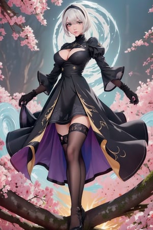 Yorha No. 2 Type B sits serenely on the gnarled branch of an ancient tree, her slender legs dangling in mid-air as she gazes out at a fantastical landscape. Her detailed body, adorned with intricate machinery and scars, is bathed in warm golden light, while her full-body armor glows with a soft blue hue. Her hands, delicate and mechanical, rest gently on the branch as her piercing green eyes seem to hold the secrets of the world. The background, a swirling vortex of purple and orange hues, pulses with an otherworldly energy, set against a deep blackness that seems to have been pulled into the ultra HD frame.