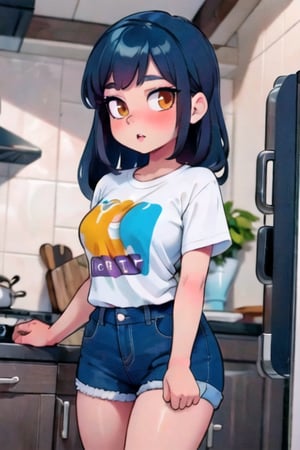 High resolution, extremely detailed, atmospheric scene, masterpiece, best quality, 64k, high quality, (HDR), HQ,  1girl, curvy, t-shirt, 1ly4, standing in kitchen