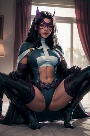 in the bedroom, (blurred out background),  1 person, looking at viewer, solo, sexy, BREAK, CARTOON_DC_huntress_ownwaifu, www.ownwaifu.com, (long neat hair:1.1), breasts, dark hair, makeup,(large prominent protruding well shaped bulging dark azure blue breasts: 1.5),  lipstick, lips, large blue eyes, red lips, thighhighs, dark azure blue cape, minuscule well defined mask, navel, (long continuous fully covered elbow length purple gloves:1.48), superhero with beautiful face, midriff, purple belt, leotard, long purple gloves, purple utility belt, (dark purple pouch:1), (dark purple belt pouch:1), minuscule well defined domino mask, dark azure blue thighhighs, dark azure blue leotard, purple thighhighs, slim small thighs, petite thighs, (azure dark blue minuscule short shorts:1.3), dark azure blue tight clothing cutout, dark azure blue tight bodysuit, dark azure blue tight impossible clothes, (long dark azure blue cape:1.48), large dark azure blue cape, dark azure blue tight navel cutout , (extremely detailed fine touch:1.2), masterpiece:1.3, (best quality:1.3), high quality , official art, 8K, highres:1.3, (absurdres:1.3), Masterpiece, (hair covering ears:1.3), (ears hidden under hair:1.3),(OverallDetail:1.1),  HairDetail, fHandDetail, smiling, (spreading legs wide before sex:1.8),  (only 2 hands:1.3), (only 2 legs:1.3), realistic:1.48, no ear