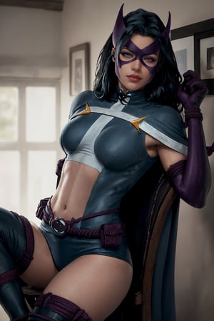 in the bedroom, (blurred out background),  1 person, looking at viewer, solo, sexy, BREAK, CARTOON_DC_huntress_ownwaifu, www.ownwaifu.com, (long neat hair:1.1), breasts, dark hair, makeup,(large prominent protruding well shaped bulging dark azure blue breasts: 1.5),  lipstick, lips, large blue eyes, red lips, thighhighs, dark azure blue cape, minuscule well defined mask, navel, (long continuous fully covered elbow length purple gloves:1.48), superhero with beautiful face, midriff, purple belt, leotard, long purple gloves, purple utility belt, (dark purple pouch:1), (dark purple belt pouch:1), minuscule well defined domino mask, dark azure blue thighhighs, dark azure blue leotard, purple thighhighs, slim small thighs, petite thighs, (azure dark blue minuscule short shorts:1.3), dark azure blue tight clothing cutout, dark azure blue tight bodysuit, dark azure blue tight impossible clothes, (long dark azure blue cape:1.48), large dark azure blue cape, dark azure blue tight navel cutout , (extremely detailed fine touch:1.2), masterpiece:1.3, (best quality:1.3), high quality , official art, 8K, highres:1.3, (absurdres:1.3), Masterpiece, (OverallDetail:1.1),  HairDetail, fHandDetail, smiling, (trapped, struggling, in pain: 1.8),(bound by rope to a chair:1.6),  (only 2 hands:1.3), (only 2 legs:1.3), realistic:1.48, (no ear:1.48)