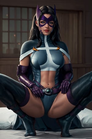 in the bedroom, (blurred out background),  1 person, looking at viewer, solo, sexy, BREAK, CARTOON_DC_huntress_ownwaifu, www.ownwaifu.com, (long neat hair:1.1), breasts, dark hair, makeup,(large prominent protruding well shaped bulging dark azure blue breasts: 1.5),  lipstick, lips, large blue eyes, red lips, thighhighs, dark azure blue cape, minuscule well defined mask, navel, (long continuous fully covered elbow length purple gloves:1.48), superhero with beautiful face, midriff, purple belt, leotard, long purple gloves, purple utility belt, (dark purple pouch:1), (dark purple belt pouch:1), minuscule well defined domino mask, dark azure blue thighhighs, dark azure blue leotard, purple thighhighs, slim small thighs, petite thighs, (azure dark blue minuscule short shorts:1.3), dark azure blue tight clothing cutout, dark azure blue tight bodysuit, dark azure blue tight impossible clothes, (long dark azure blue cape:1.48), large dark azure blue cape, dark azure blue tight navel cutout , (extremely detailed fine touch:1.2), masterpiece:1.3, (best quality:1.3), high quality , official art, 8K, highres:1.3, (absurdres:1.3), Masterpiece, (OverallDetail:1.1),  HairDetail, fHandDetail, smiling, (spreading legs wide before sex:1.48),  (only 2 hands:1.3), (only 2 legs:1.3), realistic:1.48, (no ear:1.48)