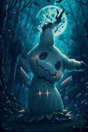 (Mimikyu_Pokemon), fantasy00d, Mimikyu_Pokemon,
((masterpiece,best quality)), cinematic composition,
night, haunted forest background, full moon, looking at viewer, pokemon, ghost pokemon, ghost pokemon in background, scary, horror