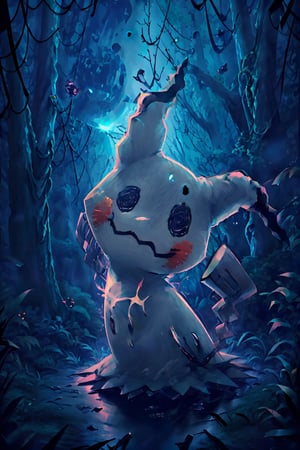 ((masterpiece,best quality)), absurdres, Mimikyu_Pokemon,  no humans, solo, looking at viewer, cinematic composition, ,Mimikyu_Pokemon, fantasy00d, night, haunted forest background, full moon, no humans,