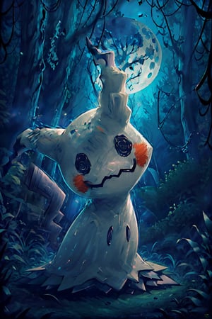 ((masterpiece,best quality)), absurdres, Mimikyu_Pokemon,  no humans, solo, looking at viewer, cinematic composition, ,Mimikyu_Pokemon, fantasy00d, night, haunted forest background, full moon, no humans,