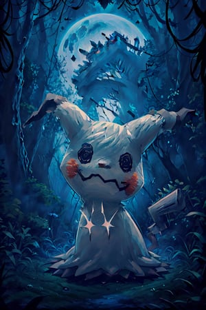 ((masterpiece,best quality)), absurdres, Mimikyu_Pokemon,  no humans, solo, looking at viewer, cinematic composition, ,Mimikyu_Pokemon, fantasy00d, night, haunted forest background, full moon, no humans,