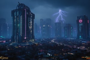 cyberpunk, vibrant, shadowrun, elven architecture, cyberpunk aesthetic, modern-fantasy city, apartment buildings, city life, rainstorm, lightning, 