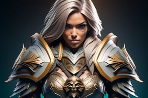 ultra quality human face, intricate details, perfect composition, cinematic, atmospheric, full body, human hands, perfect, beautiful hair, dramatic, side light, combat pose, colorful background, tattooed, tattoo, female warrior, action pose, tactical gear, chest plate, armor, combat, 