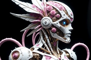 "A highly detailed, documentary-style photograph of a Zenomorph-like android robot with a Voronoi body armature frame and metal wings. The robot's face features ceramic-like textures, inspired by Guillaume Seignac's art style, with intricate watercolor and quilling patterns. The scene captures the robot's flowing white hair with pink streaks, floating gracefully. Surrounding the figure are delicate glass fractal flowers and vines, rendered in a sharp, studio-lit composition. The design incorporates elements of paper cutting, origami, and encaustic art, giving the android a futuristic yet organic appearance. The entire piece has a bold, realistic aesthetic, trending on ArtStation, with a mix of mecha concept art and the elegance of Philipp Plein models."