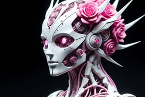 "A highly detailed, documentary-style photograph of a Zenomorph-like android robot with a Voronoi body armature frame and metal wings. The robot's face features ceramic-like textures, inspired by Guillaume Seignac's art style, with intricate watercolor and quilling patterns. The scene captures the robot's flowing white hair with pink streaks, floating gracefully. Surrounding the figure are delicate glass fractal flowers and vines, rendered in a sharp, studio-lit composition. The design incorporates elements of paper cutting, origami, and encaustic art, giving the android a futuristic yet organic appearance. The entire piece has a bold, realistic aesthetic, trending on ArtStation, with a mix of mecha concept art and the elegance of Philipp Plein models."