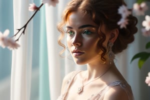 A young woman with curly auburn hair and emerald green eyes sits pensively in a bohemian-inspired setting, clad in a flowing chiffon dress that shimmers with periwinkle blue undertones against her olive skin. F/1.8 aperture captures the delicate details of silver filigree earrings as she gazes introspectively. Soft, natural light filters through lace curtains, illuminating her features with a high-key effect. Inspired by Takashi Murakami's style, the scene is rendered in exquisite detail, with shallow depth of field and tilt-shift softness emphasizing the subject's delicate skin texture. Cherry blossoms (1:1) bloom in the background, adding a touch of whimsy to this serene, indoor portrait.