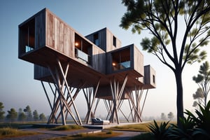 an impressive visualization of an avant-garde house constructed from a series of interconnected floating wood volumes, suspended and supported by slender steel supports. Capture the sense of weightlessness and the play of light and shadow on the metal surfaces. Set your professional camera to aperture priority mode, f/11, ISO 100, and use a telephoto lens for emphasizing the intricate details