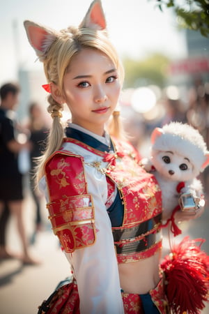 Raw photo, A beautiful Chinese woman, blond, two pigtails, short hair, has white fox ears on her head ,, happy,  upper body, skirt, bokeh,cheerbeerdress,robot_skin