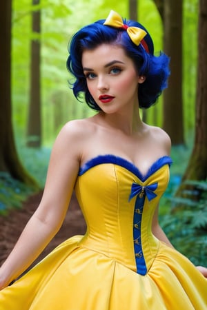 1women , realistic photography, portrait, pinup model, short pixie cut styles,Disney princess snow white, high_res,  detailed eyes, , tight blue corset, , yellow dress, fluffy hair, ,in the forest, ,arch143,neon photography style