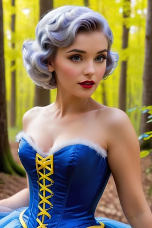 1women , realistic photography, portrait, pinup model, short pixie cut styles,Disney princess snow white, high_res,  detailed eyes, , tight blue corset, , yellow dress, fluffy hair, ,in the forest, ,arch143,neon photography style