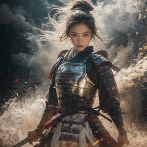 Envision a Thai girl with flowing white hair, thundering:1.3, ((silver colors samurai uniform)), (((the background is abstract with multiple colors splashes all over the background:1.5))) , ((white multiple samurai’s swords )), 