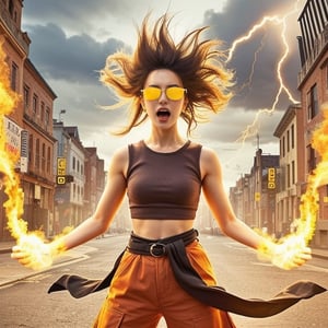 (1women), realistic movie, fisheye lens, front view,,body, long spiky gold hair,strong muscles, big yellow sunglasses, Wear a sleeveless orange a loose kung fu shirt outside, wearing a black short-sleeved t- shirt inside, with a white round logo on the left side, orange pants. Loose, long pants, black cloth tied at the waist, women's shoes, Standing and shouting very loudly, beams of flames shot out from his body, lightning, storms, strong winds,