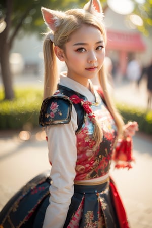 Raw photo, A beautiful Chinese woman, blond, two pigtails, short hair, has white fox ears on her head ,, happy,  upper body, skirt, bokeh,cheerbeerdress,robot_skin