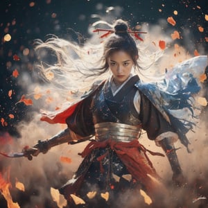 Envision a Thai girl with flowing white hair, thundering:1.3, ((silver colors samurai uniform)), (((the background is abstract with multiple colors splashes all over the background:1.5))) , ((white multiple samurai’s swords )), 