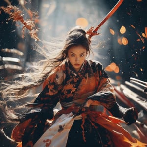 Envision a Thai girl orange hair wear orange sunglasses, tattoo with flowing white hair, thundering:1.3, ((silver colors samurai uniform)), (((the background is abstract with multiple colors splashes all over the background:1.5))) , ((white multiple samurai’s swords )), 