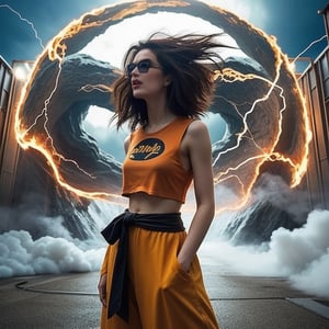 (1women), realistic movie, fisheye lens, front view,,body, long spiky gold hair,strong muscles, big yellow sunglasses, Wear a sleeveless orange a loose kung fu shirt outside, wearing a black short-sleeved t- shirt inside, with a white round logo on the left side, orange pants. Loose, long pants, black cloth tied at the waist, women's shoes, Standing and shouting very loudly, beams of flames shot out from his body, lightning, storms, strong winds, Super_Saiyan_4_Goku,PinUp