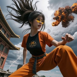 (1women), realistic movie, fisheye lens, front view,,body, long spiky gold hair,strong muscles, big yellow sunglasses, Wear a sleeveless orange a loose kung fu shirt outside, wearing a black short-sleeved t- shirt inside, with a white round logo on the left side, orange pants. Loose, long pants, black cloth tied at the waist, women's shoes, Standing and shouting very loudly, beams of flames shot out from his body, lightning, storms, strong winds,