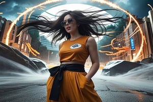(1women), realistic movie, fisheye lens, front view,,body, long spiky gold hair,strong muscles, big yellow sunglasses, Wear a sleeveless orange a loose kung fu shirt outside, wearing a black short-sleeved t- shirt inside, with a white round logo on the left side, orange pants. Loose, long pants, black cloth tied at the waist, women's shoes, Standing and shouting very loudly, beams of flames shot out from his body, lightning, storms, strong winds, Super_Saiyan_4_Goku,PinUp