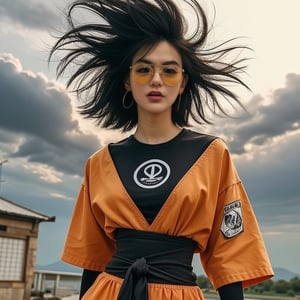 (1women), realistic movie, fisheye lens, front view,,body, long spiky gold hair,strong muscles, big yellow sunglasses, Wear a sleeveless orange a loose kung fu shirt outside, wearing a black short-sleeved t- shirt inside, with a white round logo on the left side, orange pants. Loose, long pants, black cloth tied at the waist, women's shoes, Standing and shouting very loudly, beams of flames shot out from his body, lightning, storms, strong winds, Super_Saiyan_4_Goku
