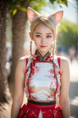 Raw photo, A beautiful Chinese woman, blond, two pigtails, short hair, has white fox ears on her head ,, happy,  upper body, skirt, bokeh,cheerbeerdress,robot_skin