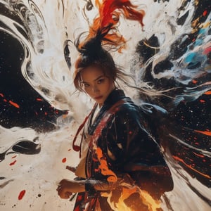 Envision a Thai girl orange hair wear orange sunglasses, tattoo with flowing white hair, thundering:1.3, ((silver colors samurai uniform)), (((the background is abstract with multiple colors splashes all over the background:1.5))) , ((white multiple samurai’s swords )), 